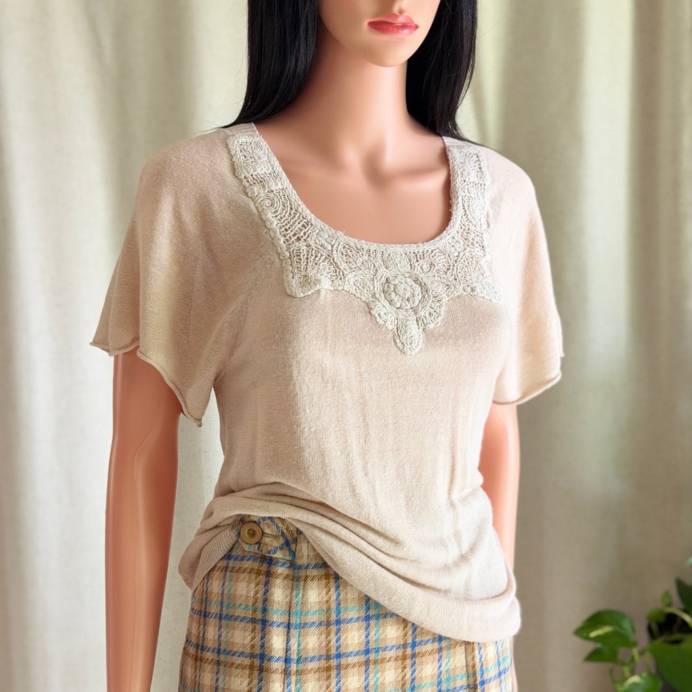 Banana Republic Beige Linen Blend Crochet Lace Bib Knit Top S Short Sleeve